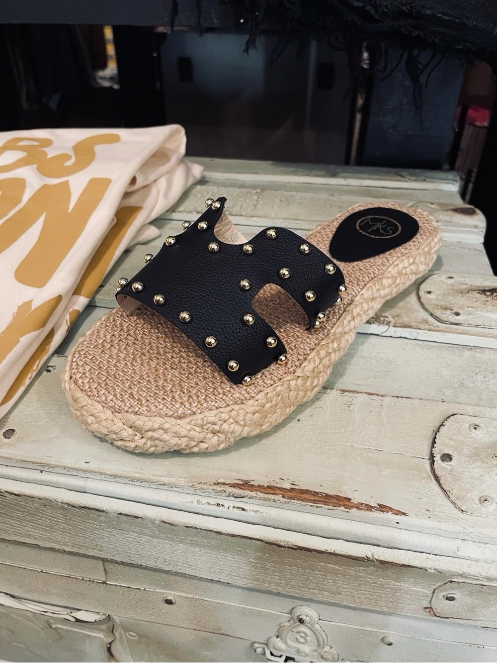 Black Studded Slide Sandal with Espadrille Sole